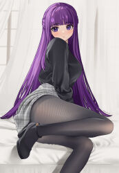 Rule 34 | 1girl, absurdres, alternate costume, artist name, black footwear, black pantyhose, black shirt, blunt bangs, blush, checkered clothes, checkered skirt, commentary, curtains, expressionless, fern (sousou no frieren), foot out of frame, full body, grey skirt, high heels, highres, indoors, leg up, lips, long hair, long sleeves, looking at viewer, on bed, pantyhose, pawsup, purple eyes, purple hair, shirt, sitting, skirt, solo, sousou no frieren, window
