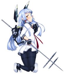 Rule 34 | 10s, 1girl, blue hair, brown eyes, fingerless gloves, gloves, highres, kantai collection, kneeling, long hair, murakumo (kancolle), pantyhose, personification, polearm, school uniform, serafuku, simple background, solo, suzume inui, thighband pantyhose, very long hair, weapon, white background