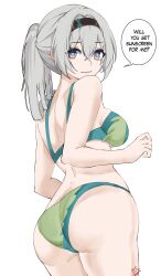 Rule 34 | 1girl, absurdres, ass, bare arms, bare shoulders, bikini, breasts, commentary, cowboy shot, firefly (honkai: star rail), green bikini, grey hair, grin, highres, honkai: star rail, honkai (series), kagurachi, long hair, looking at viewer, medium breasts, ponytail, purple eyes, sidelocks, simple background, smile, solo, speech bubble, standing, swimsuit, thighs, white background