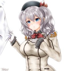 Rule 34 | 1boy, 1girl, admiral (kancolle), beret, blue eyes, blush, breasts, closed mouth, epaulettes, frilled sleeves, frills, gloves, hair between eyes, hat, highres, jacket, kantai collection, kashima (kancolle), large breasts, long sleeves, military, military jacket, military uniform, naval uniform, neckerchief, red neckerchief, sidelocks, silver hair, simple background, twintails, uniform, ura tomomi, wavy hair, white background, white gloves, white jacket