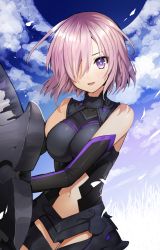 Rule 34 | 1girl, :d, armor, armored dress, bad id, bad pixiv id, black gloves, blue sky, blush, breasts, clothing cutout, cloud, cloudy sky, cowboy shot, day, elbow gloves, fate/grand order, fate (series), gambe, gloves, hair over one eye, highres, holding, holding shield, large breasts, looking at viewer, mash kyrielight, navel, navel cutout, open mouth, outdoors, purple eyes, purple gloves, purple hair, shield, short hair, sky, smile, solo, tsurime
