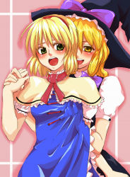 Rule 34 | 2girls, alice margatroid, blonde hair, blue dress, blush, bow, bowtie, grabbing another&#039;s breast, breasts, breath, capelet, dress, embarrassed, female focus, from behind, grabbing, green eyes, hairband, holding hands, happy, hat, hat ribbon, kirisame marisa, latex, lips, m (avian), moaning, multiple girls, naughty face, open mouth, restrained, ribbon, short hair, shy, small breasts, smile, touhou, witch, witch hat, yellow eyes, yuri