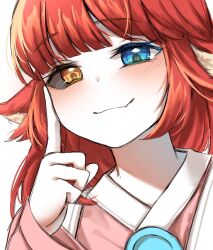 Rule 34 | 1girl, animal ears, blue eyes, blush, closed mouth, colored sclera, fang, grey sclera, hanbok, head rest, heterochromia, highres, kaling (maplestory), korean clothes, long hair, looking at viewer, maplestory, red hair, rong (57383660), smile, solo, white background, yellow eyes
