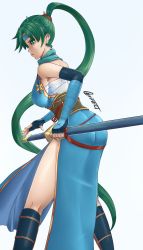 Rule 34 | 1girl, absurdres, ass, bare shoulders, boots, breasts, dress, fighting stance, fingerless gloves, fire emblem, from behind, gloves, green eyes, green hair, headband, highres, ku ra za, large breasts, long hair, lyn (fire emblem), nintendo, parted lips, ponytail, ready to draw, sheath, sheathed, shiny clothes, shiny skin, sideboob, solo, sword, very long hair, weapon