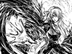 Rule 34 | 00s, 1girl, babel, babel99, dress, greyscale, long hair, long sleeves, looking at viewer, monochrome, outstretched arm, rozen maiden, simple background, solo, suigintou, very long hair, white background