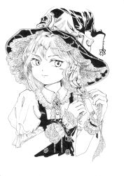 Rule 34 | 1girl, bow, braiding hair, buttons, closed mouth, collared shirt, dress shirt, eyelashes, fingernails, hairdressing, hands up, hat, hat bow, highres, kirisame marisa, long hair, medinki, monochrome, puffy short sleeves, puffy sleeves, shirt, short sleeves, simple background, smile, solo, split mouth, touhou, traditional media, upper body, vest, white background, witch hat