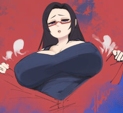 Rule 34 | 1girl, black hair, black shirt, blue background, breasts, clothes grab, demi-chan wa kataritai, eyebrows, female focus, from below, glasses, gradient background, hatsu (hatsumiilkshake), huge breasts, jacket, long hair, looking at viewer, looking down, naughty face, open clothes, open jacket, open mouth, opened by self, purple eyes, red-framed eyewear, red background, red jacket, satou sakie, shirt, simple background, sleeveless, sleeveless shirt, solo, teeth, track jacket, two-tone background, upper body, upper teeth only