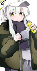 Rule 34 | 1girl, black scarf, blue archive, can, closed mouth, coat, cup, green coat, green eyes, green halo, halo, hare (blue archive), hare (camp) (blue archive), highres, holding, holding can, holding cup, long hair, looking at viewer, official alternate costume, scarf, simple background, solo, white background, white hair, white headwear, yun (kbdenz9)