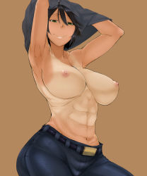 Rule 34 | 1girl, abs, armpits, arms up, bakuya, belt, black hair, breasts, brown background, chequita, denim, dog tags, green eyes, highres, huge breasts, jeans, jormungand (manga), looking down, navel, nipples, one-piece tan, pants, shirt over head, short hair, simple background, smile, solo, tan, tanline, tomboy, topless