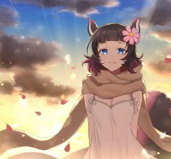 Rule 34 | 1girl, animal ears, breasts, brown hair, brown scarf, cleavage, closed mouth, cloud, cloudy sky, flower, hair flower, hair ornament, haraiku (show by rock!!), highres, looking at viewer, medium breasts, mel6969, multicolored hair, pink flower, pink hair, scarf, short hair, show by rock!!, sky, smile, solo, squirrel ears, squirrel girl, sunset, tank top, white tank top