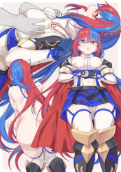 Rule 34 | 1boy, 1girl, alear (female) (fire emblem), alear (fire emblem), all fours, armor, armored dress, ass, backboob, blue eyes, blue garter straps, blue gloves, blue hair, blue skirt, boots, braid, breasts, convenient censoring, crossed bangs, crown braid, fire emblem, fire emblem engage, gloves, grabbing, grabbing another&#039;s breast, hair between eyes, heterochromia, highres, knee boots, long hair, lying, medium breasts, multicolored hair, multiple views, nintendo, nude, on back, open mouth, panties, red eyes, red hair, shiseki hirame, skirt, split-color hair, sweat, thighhighs, trembling, two-tone hair, underwear, upskirt, white panties, white thighhighs
