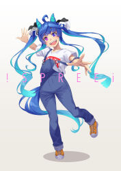 Rule 34 | 1girl, absurdres, ahoge, animal ears, aqua hair, black ribbon, blue eyes, blue hair, blue overalls, commentary, cross-laced footwear, full body, gradient background, grey background, hair ribbon, heterochromia, highres, horse ears, horse girl, long hair, looking at viewer, mukunokino isshiki, multicolored hair, open mouth, outstretched arms, overalls, purple eyes, ribbon, shadow, sharp teeth, shirt, shoes, short sleeves, sidelocks, smile, sneakers, solo, spread arms, standing, standing on one leg, strap slip, t-shirt, teeth, twin turbo (umamusume), twintails, two-tone hair, umamusume, very long hair, white shirt, yellow footwear