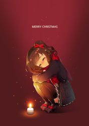 Rule 34 | 1girl, absurdres, artist request, black coat, black thighhighs, blue shirt, blush, bow, brown footwear, brown hair, candle, closed mouth, coat, english text, fire, from side, hair ornament, highres, long sleeves, mary janes, merry christmas, neckerchief, nose blush, open clothes, open coat, pleated skirt, ponytail, red background, red bow, red scarf, santa (santaneun gyobogeul ibeul su bakke eopseo), santaneun gyobogeul ibeul su bakke eopseo, scarf, school uniform, serafuku, shirt, shoes, skirt, smile, solo, star (symbol), star hair ornament, thighhighs, x hair ornament