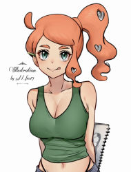 Rule 34 | 1girl, :q, bare arms, breasts, cleavage, collarbone, creatures (company), echizen (n fns17), eyelashes, game freak, green eyes, green shirt, hair ornament, heart, heart hair ornament, highres, long hair, navel, nintendo, orange hair, pencil behind ear, pokemon, pokemon swsh, shirt, side ponytail, sketchbook, sleeveless, sleeveless shirt, solo, sonia (pokemon), tank top, tongue, tongue out