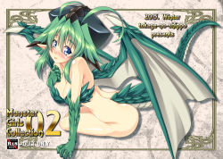 Rule 34 | 1girl, :p, antenna hair, arm support, ass, blue eyes, blush, breasts, cleavage, dragon girl, dragon tail, dragon wings, female focus, gekato, green hair, highres, horns, large breasts, original, sitting, solo, tail, tongue, tongue out, wings