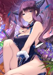 Rule 34 | 1girl, bare shoulders, between legs, blue dress, blue eyes, blunt bangs, blush, breasts, china dress, chinese clothes, cleavage, closed mouth, detached sleeves, dress, fate/grand order, fate (series), flower, flute, hair ornament, hand between legs, hand on own chest, highres, instrument, karlwolf, knee up, large breasts, licking lips, long hair, looking at viewer, pipa (instrument), purple hair, side slit, sidelocks, sitting, smile, solo, thighs, tongue, tongue out, twintails, very long hair, yang guifei (fate), yang guifei (second ascension) (fate)