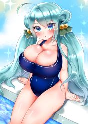Rule 34 | 1girl, ahoge, ao (ao 10bx), aqua background, aqua hair, aqua theme, blue background, blue eyes, blue one-piece swimsuit, blurry, blush, bokeh, breasts, bursting breasts, cleavage, collarbone, colored eyelashes, cowboy shot, depth of field, diffraction spikes, flower knight girl, hair between eyes, hair ornament, hair rings, halterneck, highres, huge breasts, isogiku (flower knight girl), legs together, long hair, looking at viewer, mole, mole under eye, one-piece swimsuit, poolside, shiny skin, sitting, solo, swimsuit, thighs, twintails, very long hair, wet