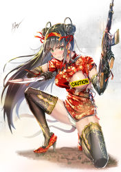 Rule 34 | 1girl, black hair, black pantyhose, blush, caution tape, censored, china dress, chinese clothes, clenched teeth, commentary, dirt, double bun, dress, earrings, elbow gloves, gloves, gold trim, green eyes, gun, hair bun, hair over shoulder, hair ribbon, headband, high heels, highres, holding, holding knife, jewelry, kazeno, kneeling, knife, long hair, no bra, on one knee, open mouth, original, panties, pantyhose, pantyshot, red headband, ribbon, serious, shiny skin, short sleeves, signature, simple background, solo, spread legs, teeth, thighs, torn clothes, underwear, v-shaped eyebrows, weapon, white background, white panties