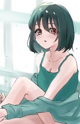 1girl bare_shoulders blush bob_cut breasts camisole cleavage collarbone feet_out_of_frame green_camisole green_hair green_jacket hair_between_eyes hashtag-only_commentary jacket jacket_partially_removed jin_(oihlf) looking_at_viewer loungewear love_live! love_live!_nijigasaki_high_school_idol_club mifune_shioriko official_alternate_costume orange_eyes parted_lips short_hair solo