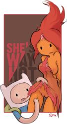Rule 34 | 1boy, 1girl, adventure time, animal hood, arms behind back, assisted exposure, backpack, bag, border, breasts, clothes lift, colored skin, dress, dress lift, english text, finn the human, flame princess, hood, medium breasts, no panties, off shoulder, orange skin, outside border, red hair, shirt, short dress, simple background, skirt, skirt lift, t-shirt, tagme, text focus, transparent border, truth, uncensored