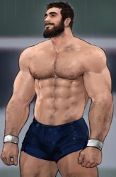 Rule 34 | 1boy, abs, arm hair, bara, beard, blue shorts, bulge, chest hair, dopey (dopq), facial hair, highres, large pectorals, male focus, mature male, muscular, muscular male, mustache, navel, navel hair, nipples, original, pectorals, rain, short hair, short shorts, shorts, solo, stomach, thick eyebrows, thick thighs, thighs, topless male