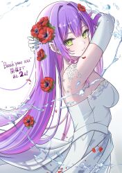 Rule 34 | 1girl, absurdres, c1p122, dress, ear piercing, elbow gloves, flower, from side, gloves, green eyes, hair flower, hair flowing over, hair ornament, highres, hololive, long hair, looking at viewer, looking back, piercing, purple hair, simple background, solo, strapless, strapless dress, tokoyami towa, upper body, virtual youtuber, water, white background, white dress, white gloves
