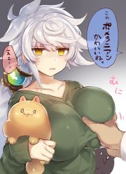 Rule 34 | 1girl, admiral (kancolle), alternate costume, animal, bad id, bad twitter id, grabbing another&#039;s breast, breasts, cat, failure penguin, grabbing, gradient background, green sweater, kantai collection, large breasts, long hair, long sleeves, looking at viewer, pokoten (pokoten718), solo focus, sweater, translation request, unryuu (kancolle), white hair, yellow eyes