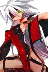 Rule 34 | 1girl, alpha-01, armpits, bad id, bad twitter id, bare shoulders, blazblue, covered navel, eyepatch, glowing, glowing eye, green eyes, hyakuhachi (over3), silver hair, simple background, solo