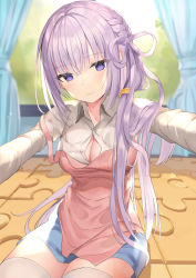 Rule 34 | 1girl, absurdres, apron, blouse, blue skirt, braid, breasts, cleavage, collared shirt, dress shirt, hair over shoulder, highres, hug, long hair, long sleeves, looking at viewer, medium breasts, miniskirt, original, outstretched arms, partially unbuttoned, pink apron, purple eyes, purple hair, shirt, sitting, skirt, smile, solo, thighhighs, virtual youtuber, white shirt, white thighhighs, zettai ryouiki, zukan (db tyoutyo)