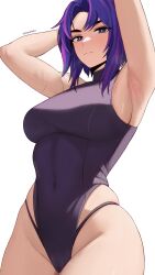 Rule 34 | 1girl, :|, absurdres, armpits, arms behind head, arms up, artist name, boku no hero academia, breasts, closed mouth, covered navel, edmun6969, expressionless, highleg, highleg leotard, highleg panties, highres, lady nagant, large breasts, leotard, looking at viewer, multicolored hair, panties, panties under leotard, parted bangs, pink hair, purple eyes, purple hair, purple leotard, purple panties, short hair, sideboob, skindentation, sleeveless turtleneck leotard, solo, sweat, two-tone hair, underwear, white background