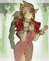 Rule 34 | 1girl, aerith gainsborough, bracelet, braid, braided ponytail, breasts, brown hair, choker, cleavage, cropped jacket, dress, final fantasy, final fantasy vii, finger to mouth, forest, green eyes, hair ribbon, highres, jacket, jewelry, medium breasts, nature, parted bangs, pink dress, red jacket, ribbon, sidelocks, sleeping forest, smile, solo, square enix, talesofmea, unbuttoned dress, upper body, wavy eyes