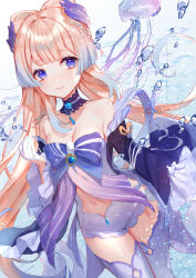 Rule 34 | 1girl, air bubble, babydoll, bare shoulders, blue hair, bow, bow-shaped hair, breasts, bubble, choker, cleavage, closed mouth, colored tips, cowboy shot, detached sleeves, genshin impact, gloves, gradient hair, half gloves, harushio, head wings, highres, jellyfish, lace-trimmed choker, lace trim, looking at viewer, medium breasts, multicolored hair, navel, pink hair, purple eyes, sangonomiya kokomi, short shorts, shorts, smile, solo, thighhighs, thighs, two-tone hair, underwater, vision (genshin impact), white gloves, white shorts, white thighhighs, wide sleeves, wings