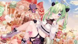 Rule 34 | 1girl, airi viridis, artist name, asymmetrical legwear, bare shoulders, belt, black belt, black ribbon, black shorts, blue eyes, blush, bow, braid, breasts, cake, candy, cherry, chocolate, chocolate chip cookie, choker, cloud, commission, cookie, creature, crepe, crown, demon, demon tail, demon wings, dessert, double bun, fishnets, food, frilled sleeves, frills, fruit, green hair, hair bun, hair over one eye, hair ribbon, heart, heart choker, heart tattoo, highres, holding, holding food, ice, ice cream, ice cream cone, ice cream float, ice cube, jewelry, kompeitou (lemon garden), lens flare, lollipop, macaron, marshmallow, medium breasts, midriff, multicolored hair, navel, necklace, pancake, pancake stack, pink bow, pink hair, plaid, plaid skirt, pleated skirt, pointy ears, pudding, purple skirt, ribbon, shorts, sitting, skeb commission, skirt, sky, solo, strawberry, tail, tattoo, teapot, thigh strap, tongue, tongue out, twin braids, twintails, v-dere, virtual youtuber, white footwear, wings