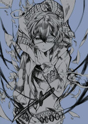 Rule 34 | 1boy, blue background, eyepatch, greyscale with colored background, hinose takeru, hood, hood down, hoodie, long sleeves, looking at viewer, male focus, megochi, one eye covered, parted lips, short hair, solo, sweet clown