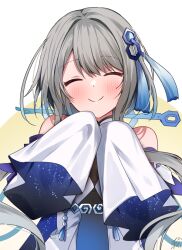 Rule 34 | 1girl, bare shoulders, blue dress, blush, chinese clothes, closed eyes, closed mouth, detached sleeves, dress, genshin impact, grey hair, guizhong (genshin impact), hair between eyes, hair ornament, hands up, long sleeves, omuretsu, short hair, short hair with long locks, sidelocks, simple background, smile, solo, tassel, tassel hair ornament, two-tone dress, upper body, white background, white dress, wide sleeves, yellow background