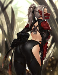 Rule 34 | 1girl, arched back, armor, ass, back, back cutout, bow, breasts, clothing cutout, duplicate, from behind, hair bow, hand on own hip, hand on own thigh, highres, houtengeki, large breasts, long hair, looking at viewer, looking back, mask, monster hunter (series), monster hunter: world, odogaron (armor), outdoors, pauldrons, ponytail, shoulder armor, silver hair, solo, standing, yellow eyes