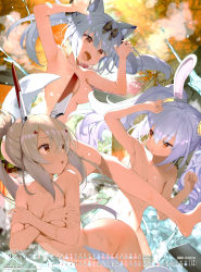 Rule 34 | 3girls, absurdres, animal ears, armpits, artist name, ayanami (azur lane), azur lane, bare shoulders, blurry, blurry background, blush, breasts, brown eyes, cat ears, collarbone, completely nude, convenient censoring, convenient leg, copyright notice, covering breasts, covering privates, day, fake animal ears, fang, fingernails, gaou (umaiyo puyoman), hair censor, hair ornament, highres, laffey (azur lane), long hair, mechanical ears, medium breasts, multiple girls, navel, nude, onsen, outdoors, ponytail, rabbit ears, scan, shiny skin, simple background, skin fang, smile, steam, stomach, thighs, twintails, water, water drop, yukikaze (azur lane)