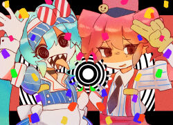 Rule 34 | 2girls, apron, aqua eyes, black choker, black necktie, blue dress, bow, buttons, choker, collared shirt, commentary request, diagonal-striped bow, double-breasted, dress, drill hair, gloves, hat, hatsune miku, kasane teto, long hair, mesmerizer (vocaloid), multiple girls, necktie, no nose, ny/tt, open mouth, pants, puffy short sleeves, puffy sleeves, red eyes, red hair, red hat, red pants, sharp teeth, shirt, short sleeves, smile, striped clothes, striped dress, striped shirt, suspenders, sweat, teeth, tongue, tongue out, twin drills, twintails, utau, vertical-striped clothes, vertical-striped dress, vertical-striped shirt, visor cap, vocaloid, waist apron, waitress, watercolor effect, white apron, white shirt, wrist cuffs, yellow gloves
