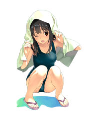 Rule 34 | 1girl, ;d, bare shoulders, black hair, blue one-piece swimsuit, breasts, commentary request, flower, hands up, knees up, koutaro, long hair, looking at viewer, one-piece swimsuit, one eye closed, open mouth, original, pink flower, red eyes, sandals, school swimsuit, small breasts, smile, solo, squatting, swimsuit, thighs, towel, towel on head, white background