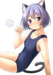 Rule 34 | 1girl, animal ear fluff, animal ears, bare arms, bare shoulders, blue one-piece swimsuit, blush, breasts, cat ears, cat girl, cat tail, closed mouth, collarbone, commentary request, from side, hand up, highres, looking at viewer, looking to the side, old school swimsuit, one-piece swimsuit, original, paw pose, purple eyes, purple hair, school swimsuit, shibacha, sitting, small breasts, smile, solo, swimsuit, tail, white background