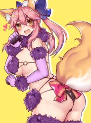 Rule 34 | 10s, 1girl, animal ear fluff, animal ears, ass, back, blue ribbon, blush, bra, breasts, claw pose, claws, cosplay, costume, fang, fate/extra, fate/grand order, fate (series), fox ears, fox tail, fur-trimmed gloves, fur-trimmed legwear, fur trim, gloves, hair ribbon, halloween costume, heart, huge breasts, mash kyrielight, mash kyrielight (dangerous beast), mash kyrielight (dangerous beast) (cosplay), o-ring, o-ring top, official alternate costume, open mouth, osiimi, panties, pink hair, pink ribbon, purple gloves, ribbon, shielder (fate/grand order) (cosplay), shielder (fate/grand order) (halloween), smile, tail, tamamo (fate), tamamo no mae (fate/extra), twintails, underwear, yellow background, yellow eyes