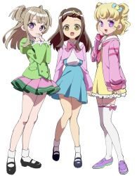 Rule 34 | 3girls, :d, ahoge, black footwear, blonde hair, blue skirt, blunt bangs, blunt ends, bow, brown eyes, brown hair, cardigan, collared shirt, commentary request, cosplay, costume switch, dress, edamame (buruburu), ehime nao, full body, green jacket, hair bow, hair ornament, hand to own mouth, hands up, highres, idol time pripara, jacket, juliet sleeves, loafers, long hair, long sleeves, looking at viewer, mary janes, multiple girls, neckerchief, open mouth, paprika private academy school uniform, pink bow, pink cardigan, pink jacket, pink neckerchief, pink skirt, pleated skirt, pretty series, pripara, puffy sleeves, purple eyes, purple footwear, ringlets, sailor collar, school uniform, shirt, shoes, short dress, short hair, skirt, smile, socks, standing, star (symbol), star hair ornament, suspender skirt, suspenders, thighhighs, tsukikawa chili, two side up, white background, white sailor collar, white shirt, white socks, white thighhighs, yellow dress, yumekawa yui
