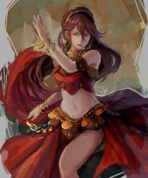 Rule 34 | 1girl, anklet, arabian clothes, armlet, artist request, bracelet, brown hair, circlet, dancer, dancing, harem outfit, jewelry, looking at viewer, octopath traveler, octopath traveler i, primrose azelhart, solo, veil