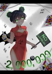 Rule 34 | 1girl, alcohol, artist request, bare arms, black border, black hair, border, bottle, card, china dress, chinese clothes, corona-chan, corona (brand), coronavirus, coronavirus pandemic, double bun, dress, drink, english text, glowing, glowing eyes, green eyes, grin, hair bun, holding, holding bottle, holding drink, holding sign, joker (playing card), looking at viewer, original, playing card, red dress, short hair, sign, smile, solo, source request