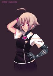 Rule 34 | 1girl, ahoge, amputee, arm on own head, arm up, blush, collared shirt, colorized, cowboy shot, cropped legs, cyborg, dana zane, hand on own hip, kiririn51, looking at viewer, mechanical arms, shirt, short hair, simple background, single mechanical arm, solo, va-11 hall-a, vest, watermark, web address, white shirt