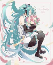 Rule 34 | 1girl, aqua hair, aqua necktie, aqua ribbon, beige background, black footwear, black skirt, black thighhighs, blurry, boots, border, bouquet, character name, closed eyes, closed mouth, collared shirt, depth of field, detached sleeves, eyelashes, facing away, flat chest, floating, floating hair, flower, from side, full body, grey shirt, happy birthday, hatsune miku, headset, holding, holding bouquet, leaf, light particles, light smile, long hair, loose clothes, loose shirt, messy hair, necktie, pastel colors, petals, pink border, pink flower, pink rose, pleated skirt, profile, red flower, red rose, ribbon, rose, shirt, sidelocks, simple background, skirt, sleeveless, sleeveless shirt, solo, t-one, thigh boots, thighhighs, twintails, very long hair, vocaloid, yellow flower, yellow rose, zettai ryouiki