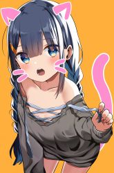 Rule 34 | 1girl, animal ears, black hair, blue eyes, braid, cat ears, cat tail, drawn ears, drawn tail, drawn whiskers, eyes visible through hair, female focus, hair ornament, hairclip, highres, looking at viewer, motto notto, off shoulder, open mouth, orange background, original, simple background, solo, tail, twin braids