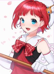Rule 34 | 1girl, absurdres, asahina akane (nijisanji), beret, blue eyes, bow, elbow gloves, fang, flat chest, gloves, hat, highres, holding, holding staff, looking at viewer, nijisanji, open mouth, red bow, red hair, sailor collar, short hair, smile, so nagi (artist), solo, staff, virtual youtuber, white gloves, white hat