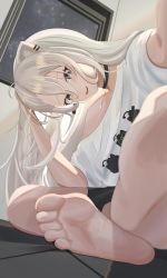 Rule 34 | 1girl, ahoge, animal ears, barefoot, black shorts, blurry, blurry background, choker, commentary request, dutch angle, ear piercing, eyelashes, fangs, feet, foot out of frame, grey eyes, grey hair, hair between eyes, hand up, highres, hololive, indoors, jewelry, leaning forward, lion ears, lion girl, looking at viewer, necklace, off shoulder, open mouth, piercing, shadow, shirt, shishiro botan, shishiro botan (casual), short sleeves, shorts, sidelocks, sitting, soles, solo, t-shirt, teeth, toes, virtual youtuber, window, yaguragura2