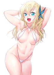 Rule 34 | 1girl, arms up, bare arms, bare legs, blonde hair, blue eyes, boku wa tomodachi ga sukunai, breasts, butterfly hair ornament, contrapposto, cowboy shot, criss-cross halter, fang, hair between eyes, hair ornament, halterneck, highleg, highleg swimsuit, kashiwazaki sena, large breasts, long hair, looking at viewer, one-piece swimsuit, onsoku inu, open mouth, simple background, skindentation, slingshot swimsuit, smile, solo, standing, stomach, swimsuit, wavy hair, white background, white one-piece swimsuit, white slingshot swimsuit